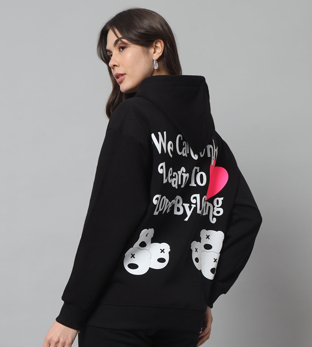 Griffel Women Oversized Fit Black WE CAN ONLY LEARN TO LOVE BY LOVING Print Cotton Fleece Front Logo Fleece Hoodie Sweatshirt with Full Sleeve - griffel