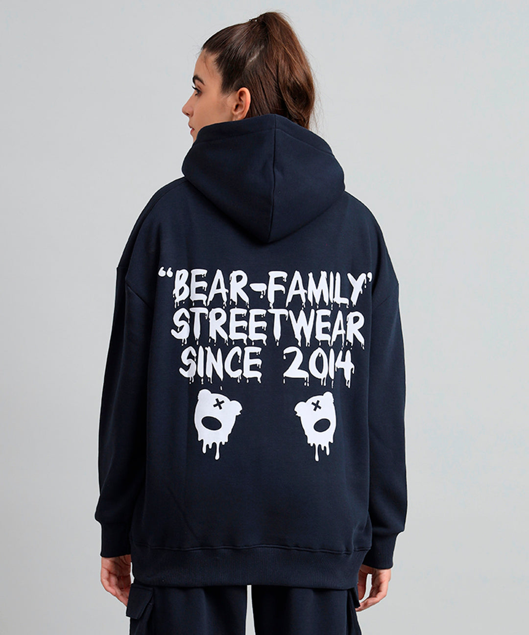 Griffel Men's Navy Bear Family Print Front Logo Oversized Fleece Hoodie Sweatshirt - griffel