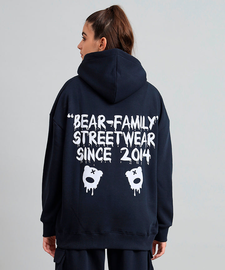Griffel Men's Navy Bear Family Print Front Logo Oversized Fleece Hoodie Sweatshirt - griffel