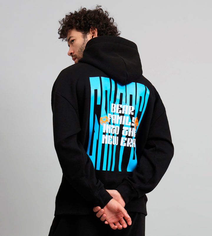 Griffel Men's Black New Era Print Front Logo Oversized Fleece Hoodie Sweatshirt - griffel