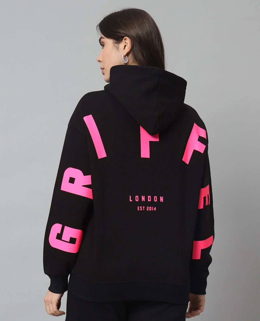 Griffel Women Oversized Fit Black GRIFFEL Back Print Cotton Fleece Front Logo Fleece Hoodie Sweatshirt with Full Sleeve - griffel