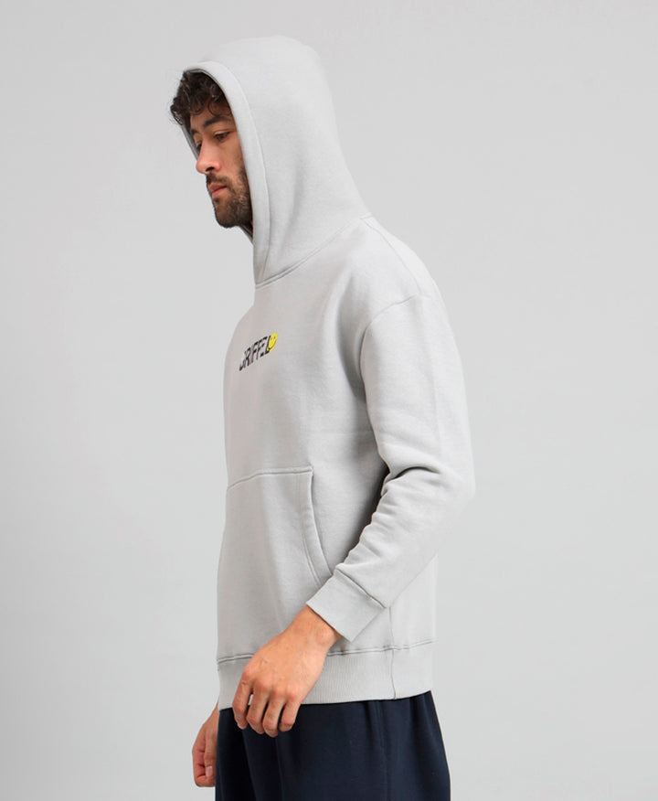 Griffel Men's Steel Grey Chill Vibe Print Front Logo Oversized Fleece Hoodie Sweatshirt