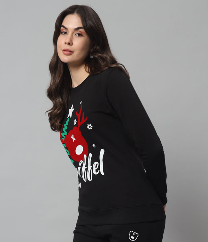 Griffel Women Regular Fit Black Print Cotton Fleece Front Logo Fleece Hoodie Sweatshirt with Full Sleeve - griffel