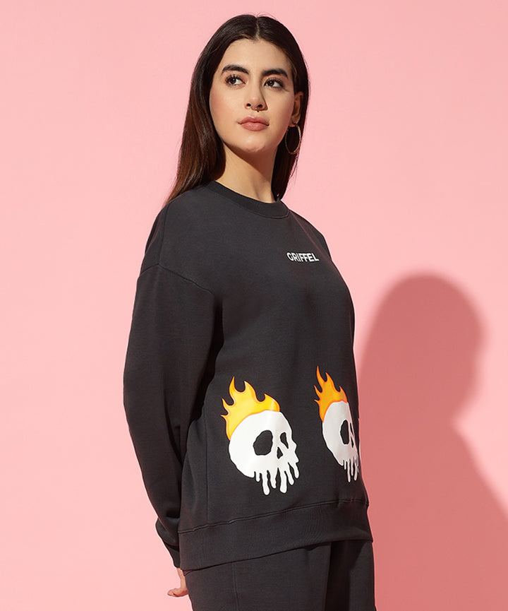 fire skeleton dark grey Round Neck Oversized Sweatshirt