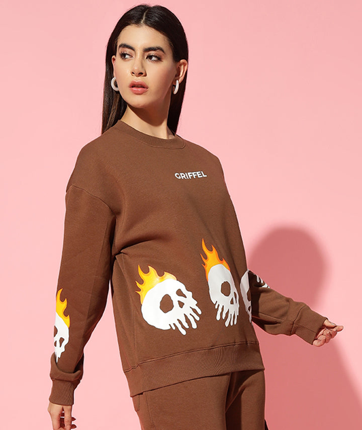 fire skeleton dark grey Round Neck Oversized Sweatshirt