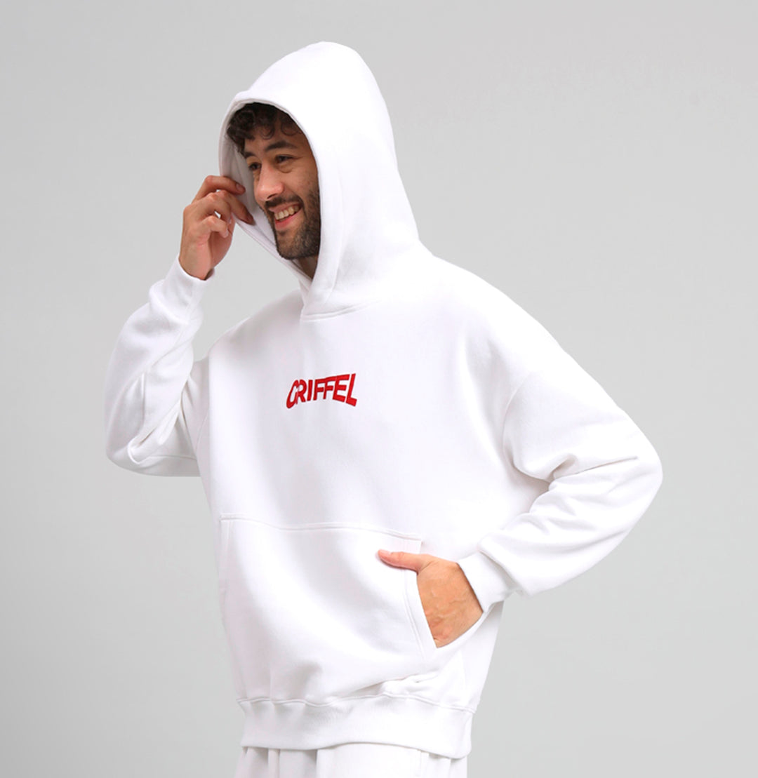 Griffel Men's White SNAKE Print Front Logo Oversized Fleece Hoodie Sweatshirt - griffel
