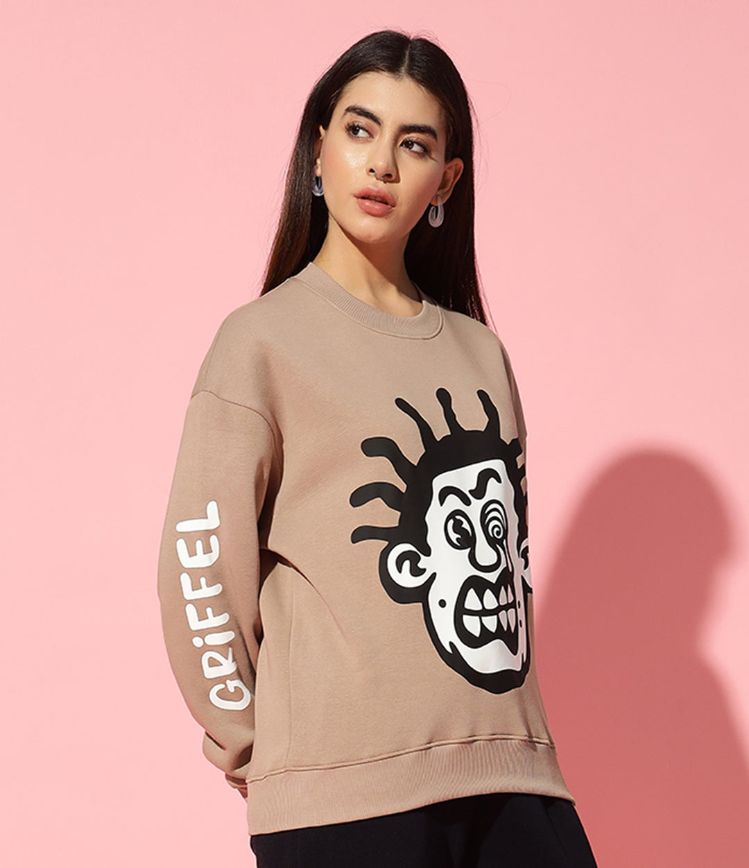 Wierd face beige Round Neck Oversized Sweatshirt