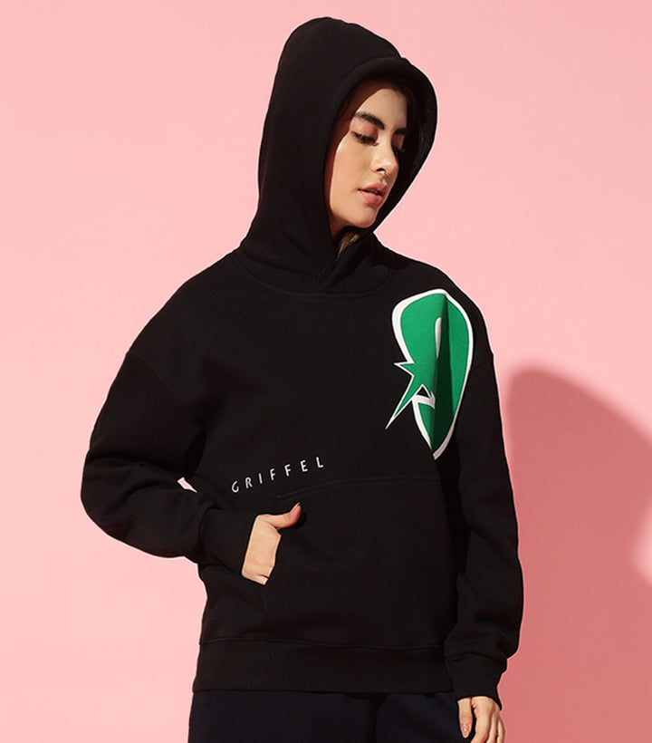 9 Star Black Hoodie Neck Oversized Sweatshirt