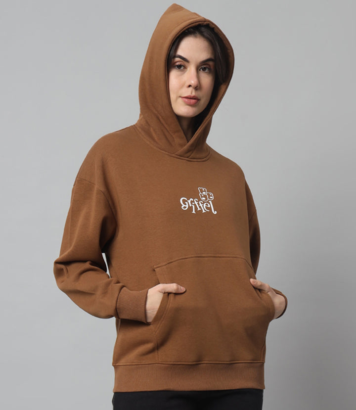 Griffel Women Oversized Fit Brown WE CAN ONLY LEARN TO LOVE BY LOVING Print Cotton Fleece Front Logo Fleece Hoodie Sweatshirt with Full Sleeve - griffel