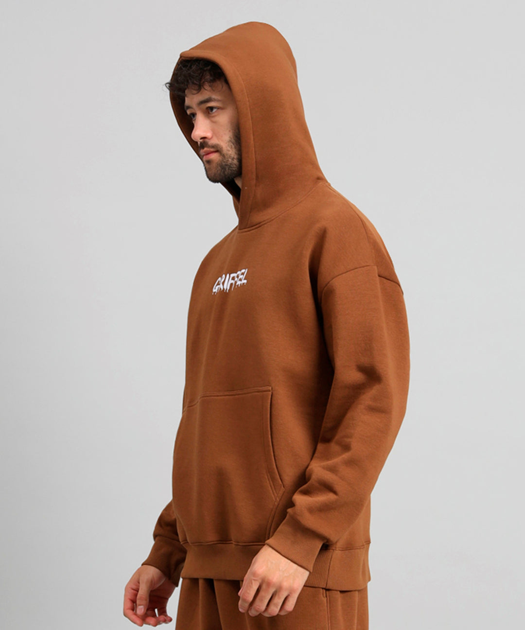 Griffel Men's Brown Bear Family Print Front Logo Oversized Fleece Hoodie Sweatshirt