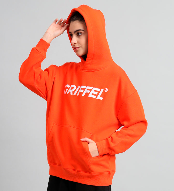 Griffel Women Oversized Fit Orange Cotton Front Logo Fleece Hoodie Sweatshirt with Full Sleeve - griffel