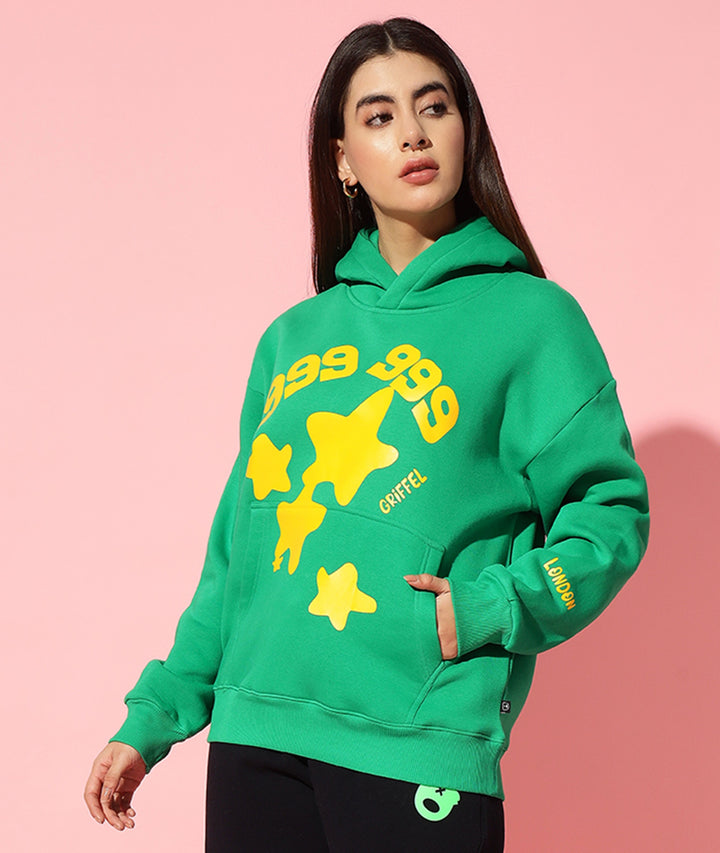 999 star front Green Hoodie Neck Oversized Sweatshirt