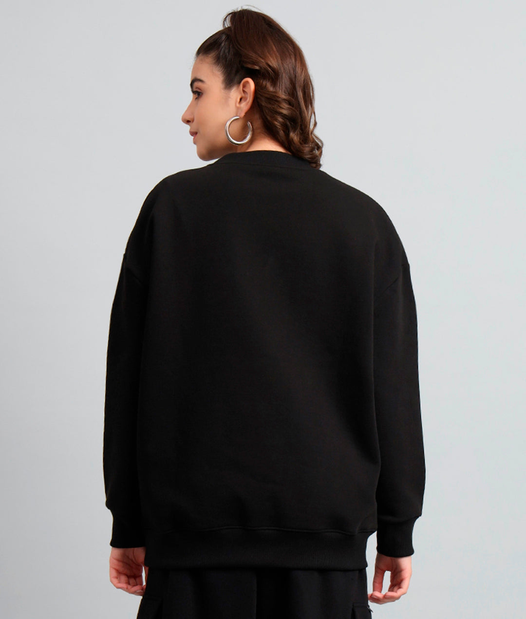 Griffel Women's Black Teddy Print Oversized Round Neck 100% Cotton Fleece Sweatshirt - griffel