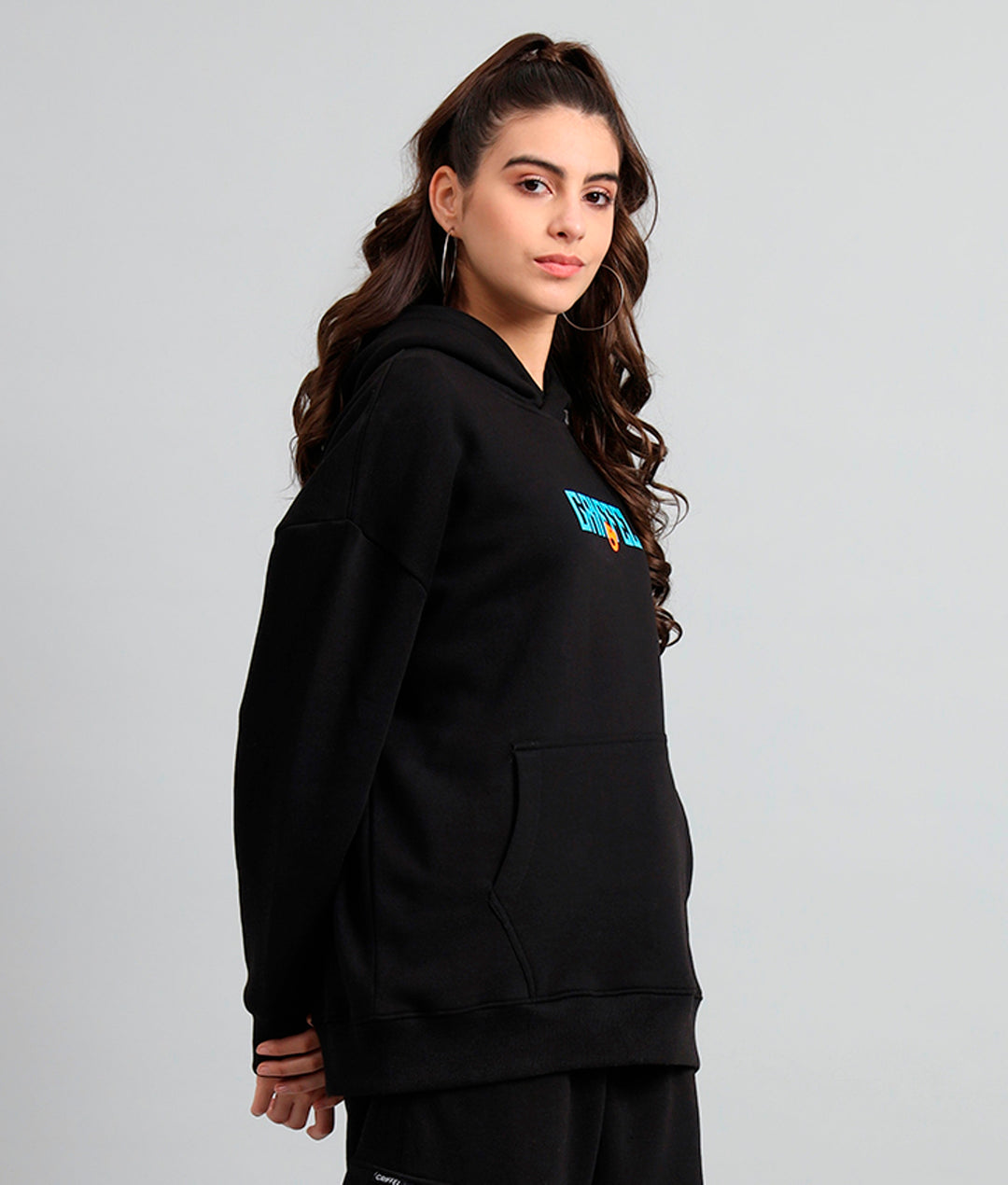 Griffel Women's Black New Era Print Front Logo Oversized Fleece Hoodie Sweatshirt