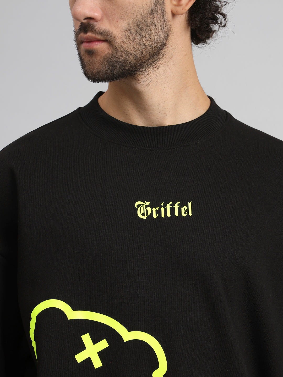 Griffel Men's Black Teddy Print Oversized Round Neck 100% Cotton Fleece Sweatshirt
