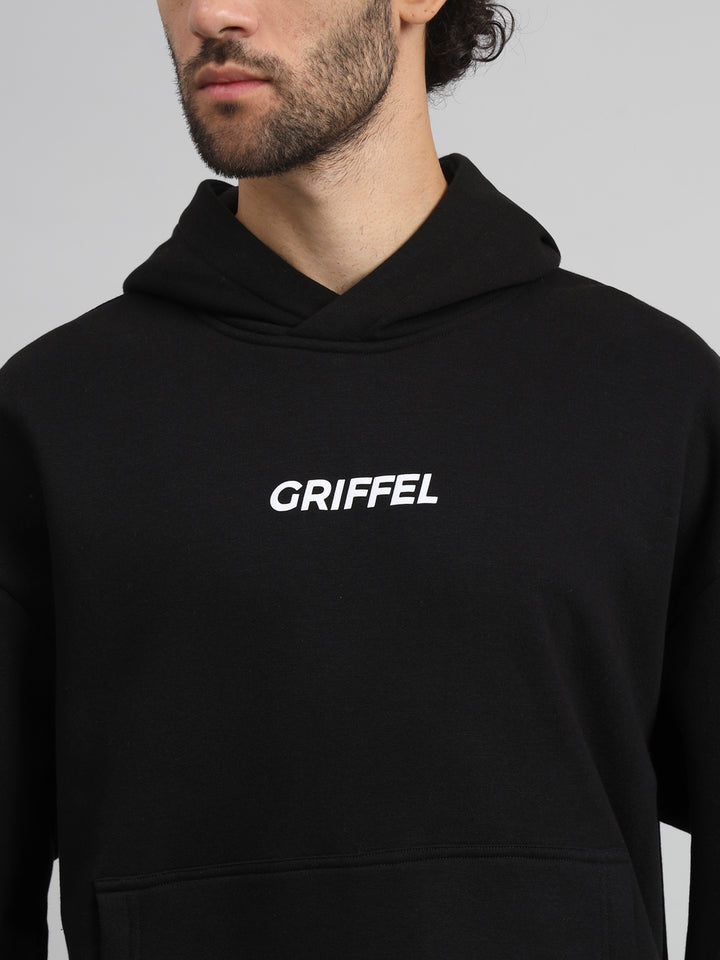 Griffel Men's Black Front Logo Oversized Fleece Hoodie Sweatshirt - griffel