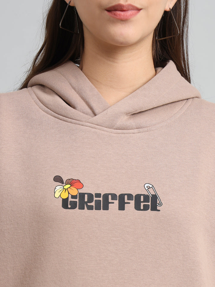 Griffel Women's Camel Flower Print Front Logo Oversized Fleece Hoodie Sweatshirt - griffel