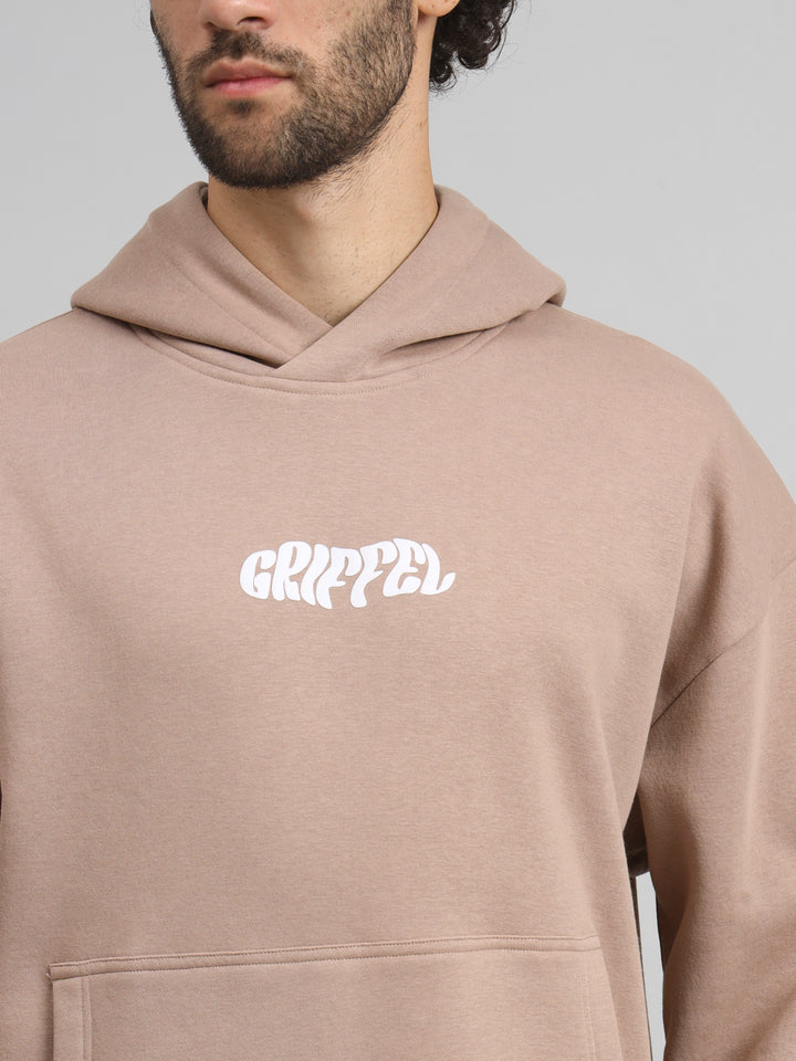 Griffel Men's Camel Absent Minded Print Front Logo Oversized Fleece Hoodie Sweatshirt