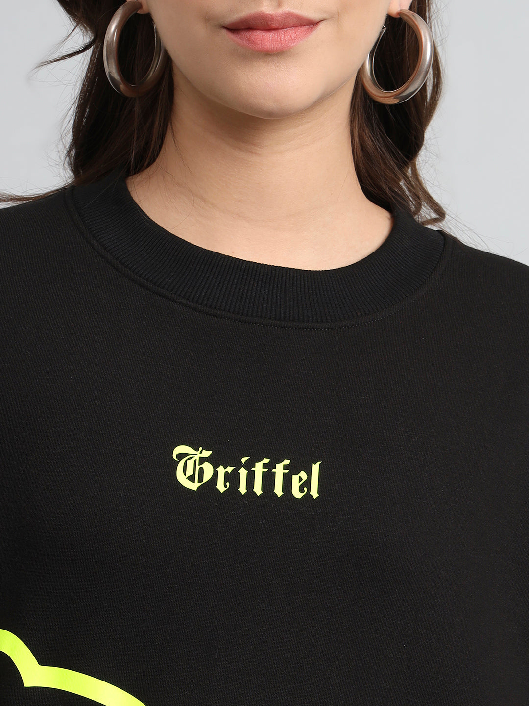 Griffel Women's Black Teddy Print Oversized Round Neck 100% Cotton Fleece Sweatshirt - griffel