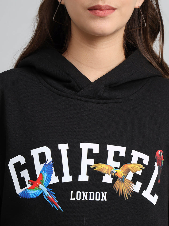 Griffel Women's Black Birds Print Regular Fit 100% Cotton Fleece Hoodie Sweatshirt - griffel