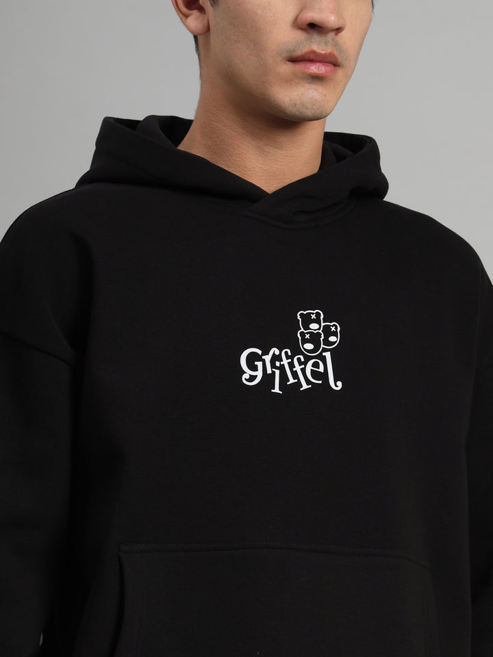 Griffel Men's Black Front Logo Back WE CAN ONLY LEARN TO LOVE BY LOVING Print Oversized Fleece Hoodie Sweatshirt - griffel