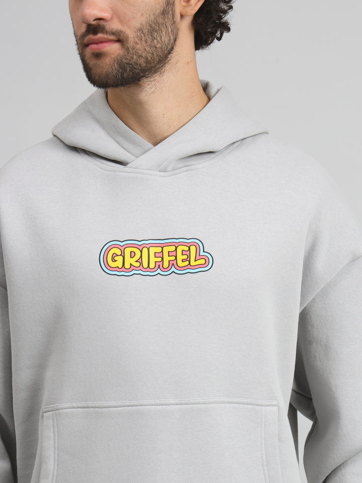 Griffel Men's Steel Grey BAD GUY Print Front Logo Oversized Fleece Hoodie Sweatshirt - griffel
