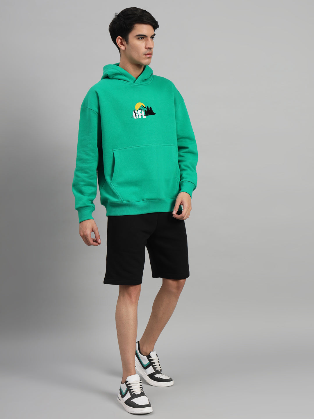 Griffel Men's Bottle Green Front Logo Oversized Back Print Fleece Hoodie Sweatshirt - griffel