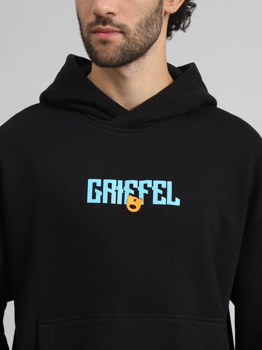 Griffel Men's Black New Era Print Front Logo Oversized Fleece Hoodie Sweatshirt - griffel
