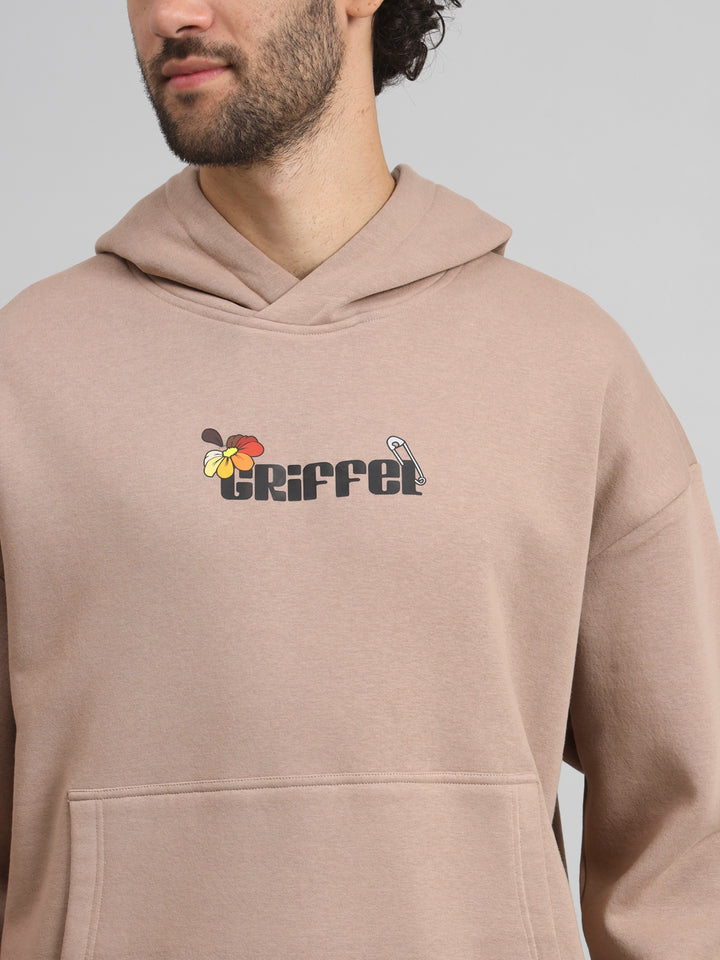 Griffel Men's Camel Flower Print Front Logo Oversized Fleece Hoodie Sweatshirt - griffel