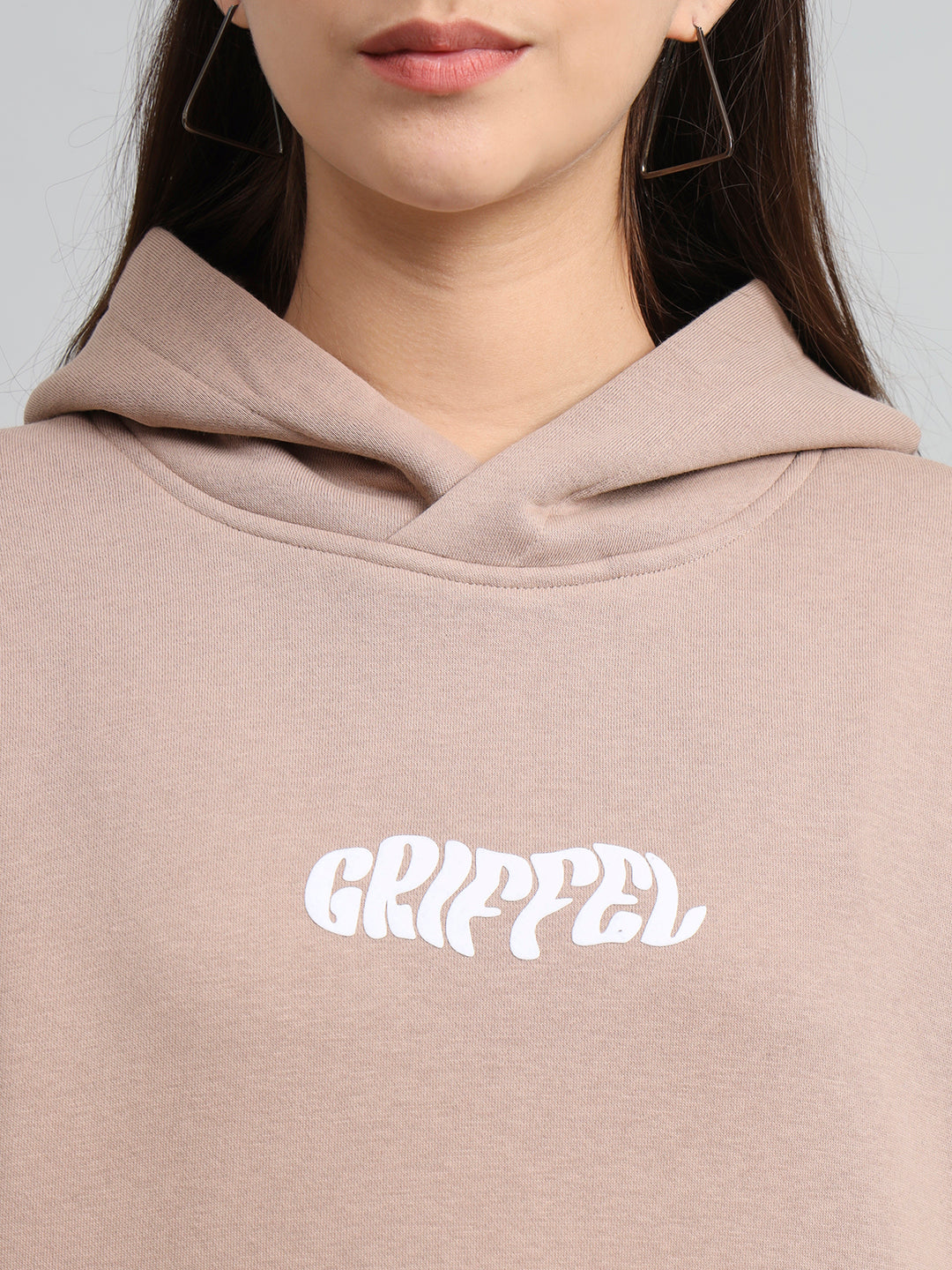 Griffel Women's Camel Absent Minded Print Front Logo Oversized Fleece Hoodie Sweatshirt - griffel