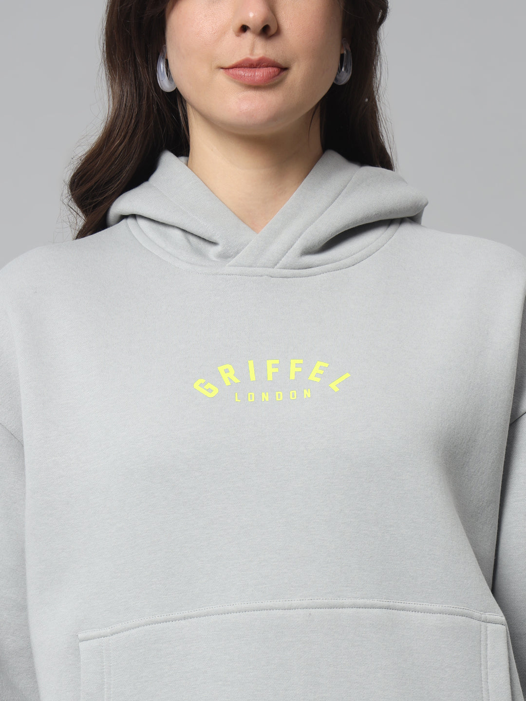 Griffel Women Oversized Fit Steel Grey GRIFFEL Back Print Cotton Fleece Front Logo Fleece Hoodie Sweatshirt with Full Sleeve - griffel