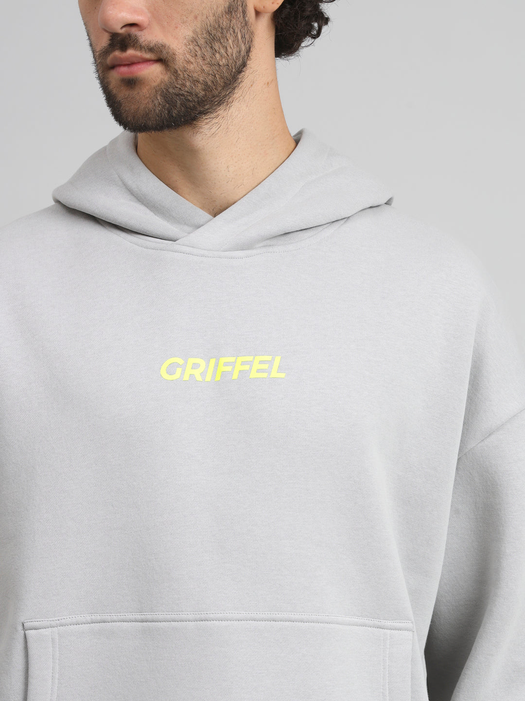 Griffel Men's Steel Grey Front Logo Oversized Fleece Hoodie Sweatshirt - griffel