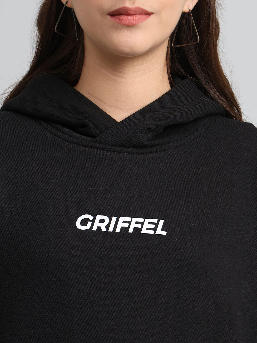 Griffel Women's Black Front Logo Oversized Fleece Hoodie Sweatshirt - griffel