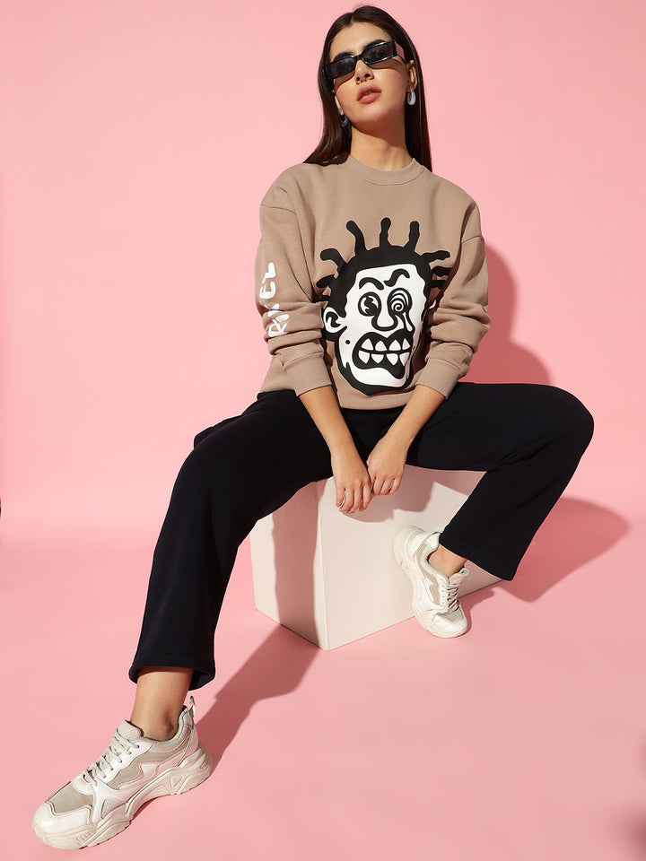 Wierd face beige Round Neck Oversized Sweatshirt