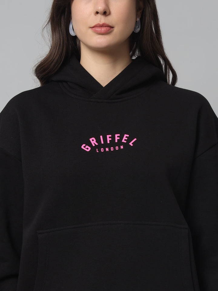 Griffel Women Oversized Fit Black GRIFFEL Back Print Cotton Fleece Front Logo Fleece Hoodie Sweatshirt with Full Sleeve - griffel