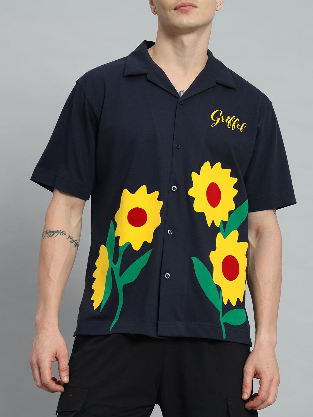 GRIFFEL Sun Flower Printed Regular Fit Bowling Shirt