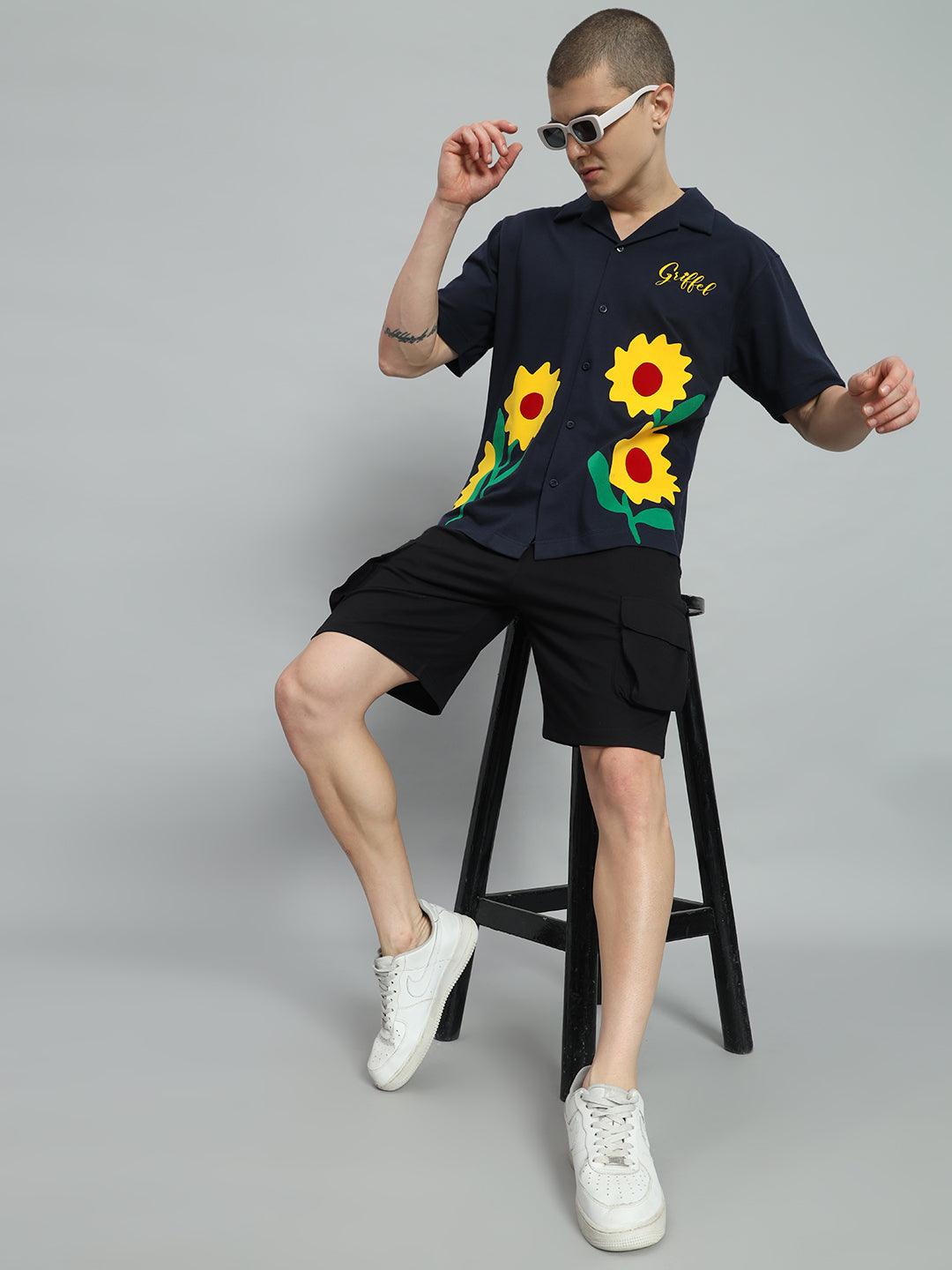 GRIFFEL Sun Flower Printed Regular Fit Bowling Shirt