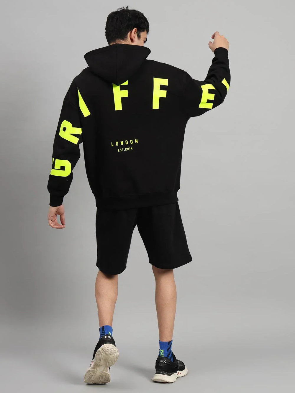 Griffel Men's Black Front Logo Back Full GRIFFEL Print Oversized Fleece Hoodie Sweatshirt - griffel