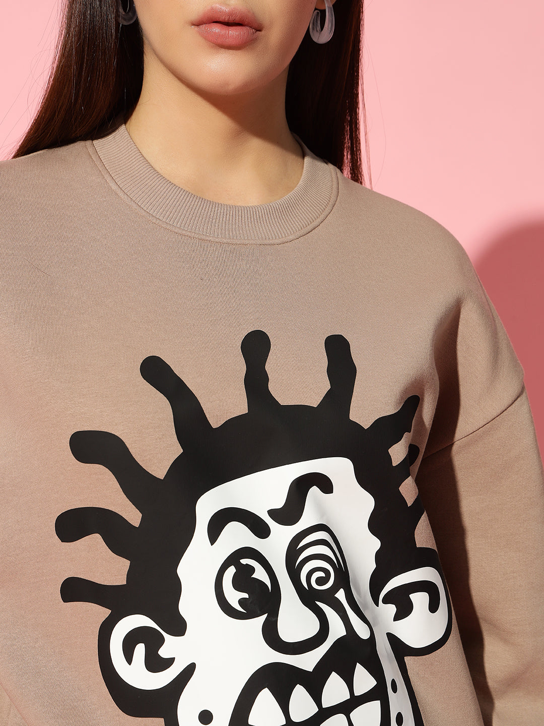 Wierd face beige Round Neck Oversized Sweatshirt