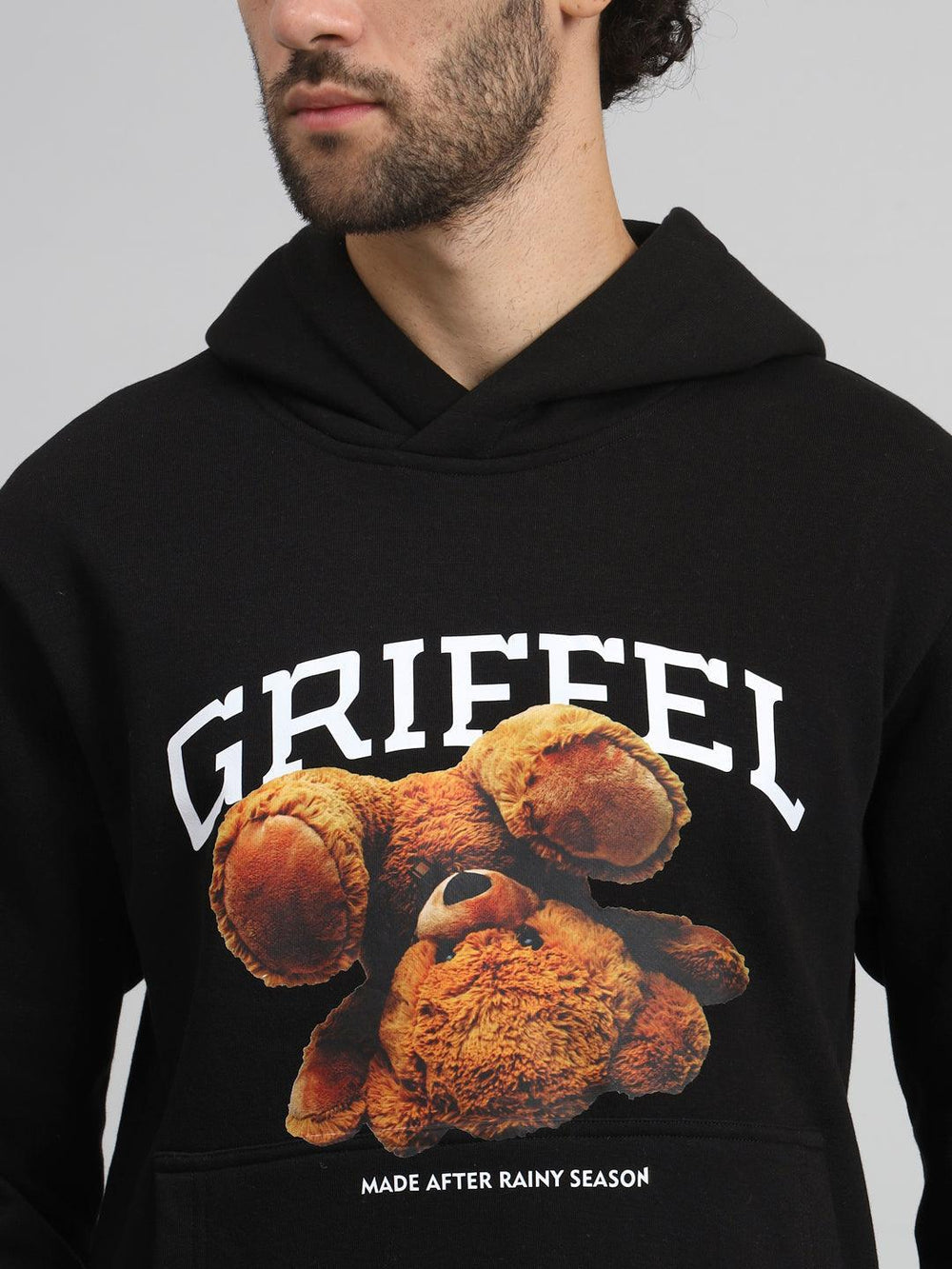 Griffel Men's Black Bear Print Regular Fit 100% Cotton Fleece Hoodie Sweatshirt - griffel