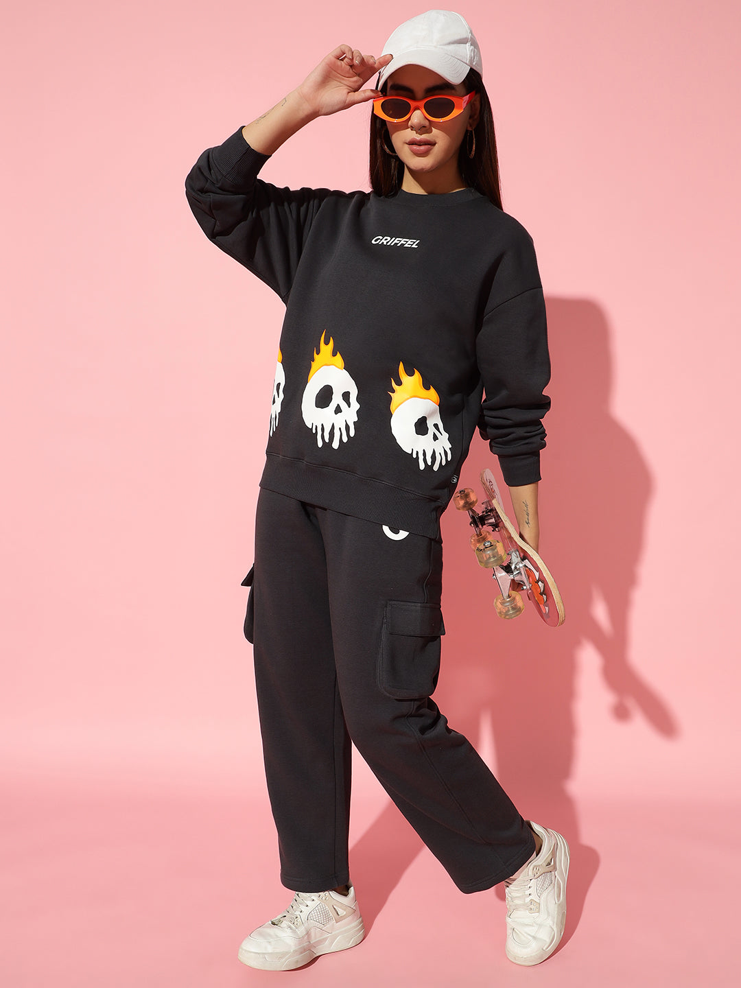 fire skeleton dark grey Round Neck Oversized Sweatshirt