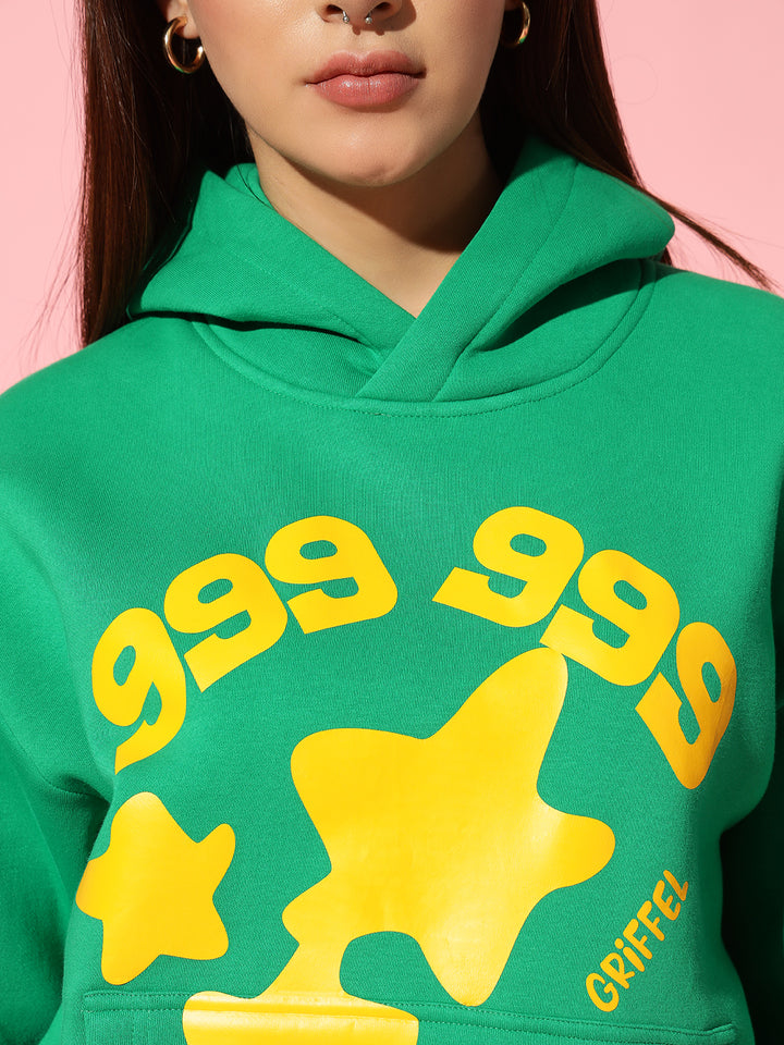 999 star front Green Hoodie Neck Oversized Sweatshirt