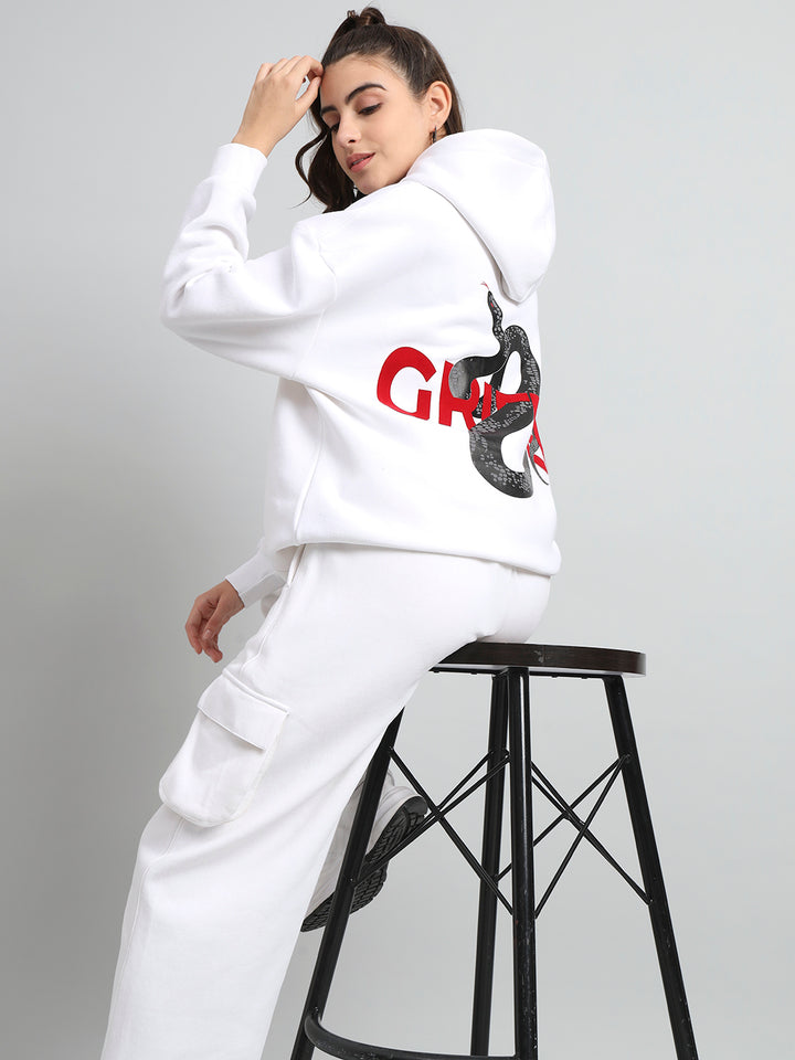Griffel Women's White SNAKE Print Front Logo Oversized Fleece Hoodie Sweatshirt - griffel