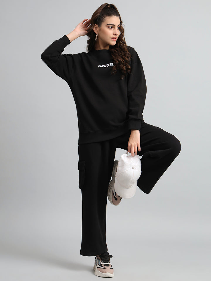Griffel Women's Black Fron Logo Oversized Round Neck 100% Cotton Fleece Sweatshirt - griffel