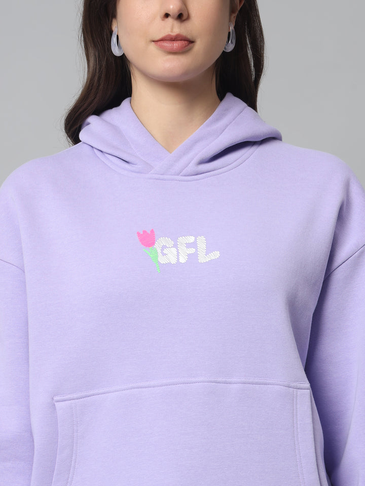Griffel Women Oversized Fit Mauve BEAR FAMILY Back Print Cotton Fleece Front Logo Fleece Hoodie Sweatshirt with Full Sleeve - griffel