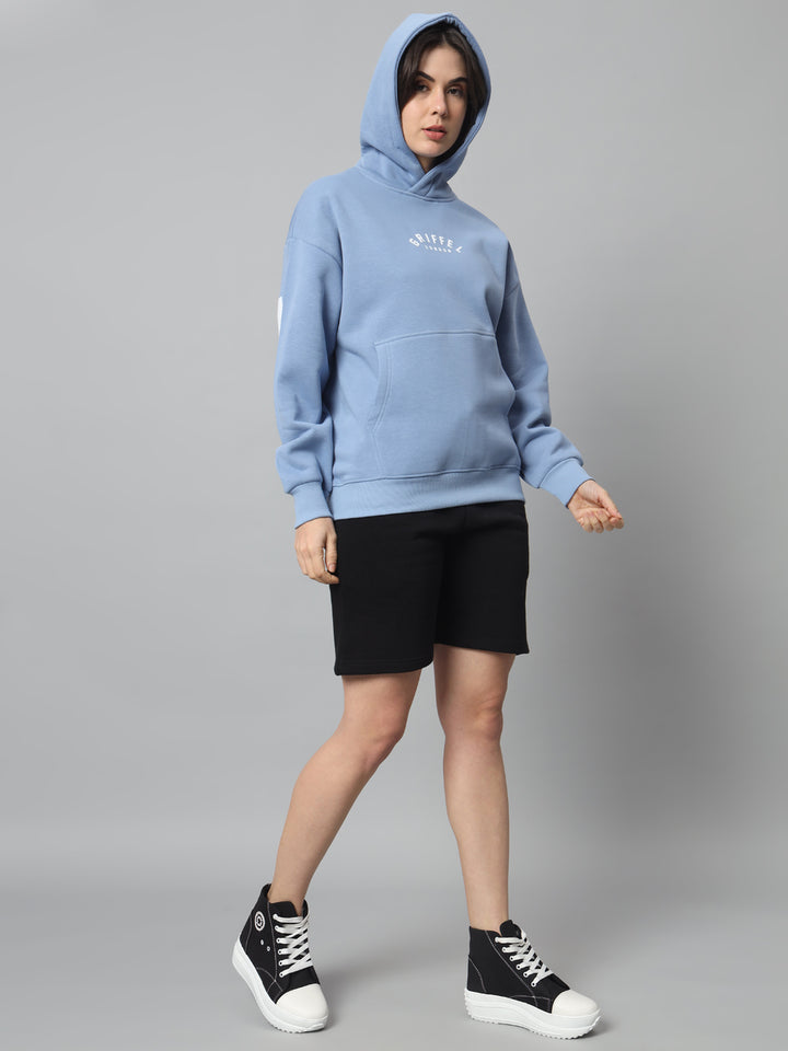 Griffel Women Oversized Fit Sky Blue GRIFFEL Back Print Cotton Fleece Front Logo Fleece Hoodie Sweatshirt with Full Sleeve - griffel