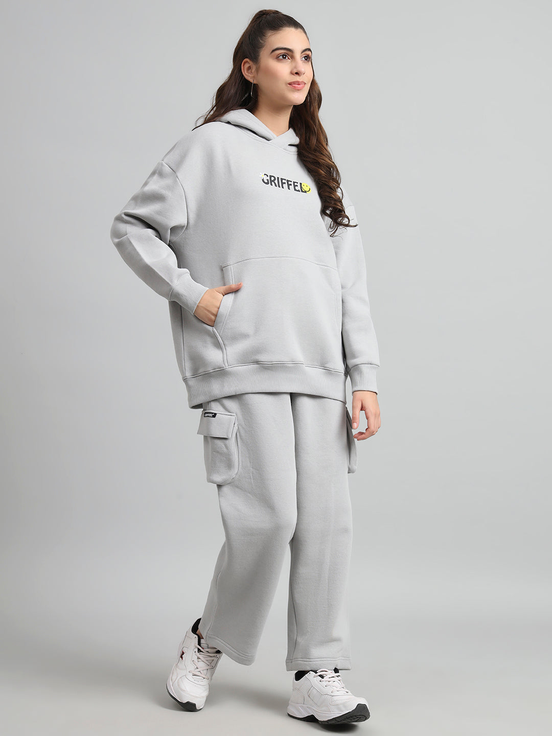 Griffel Women's Steel Grey Chill Vibe Print Front Logo Oversized Fleece Hoodie Sweatshirt - griffel