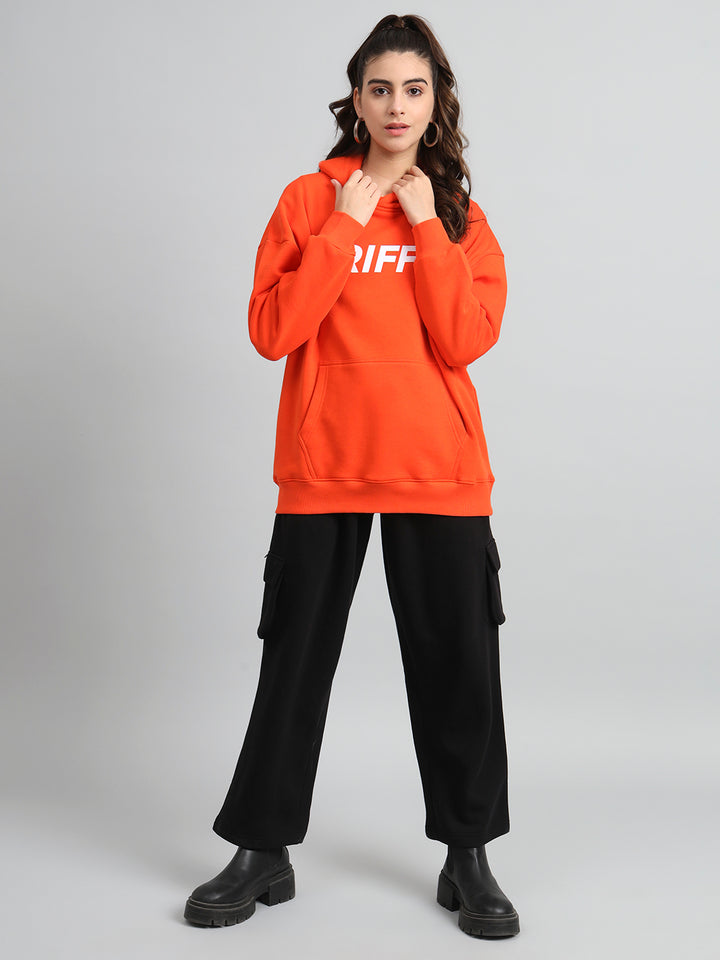 Griffel Women Oversized Fit Orange Cotton Front Logo Fleece Hoodie Sweatshirt with Full Sleeve - griffel