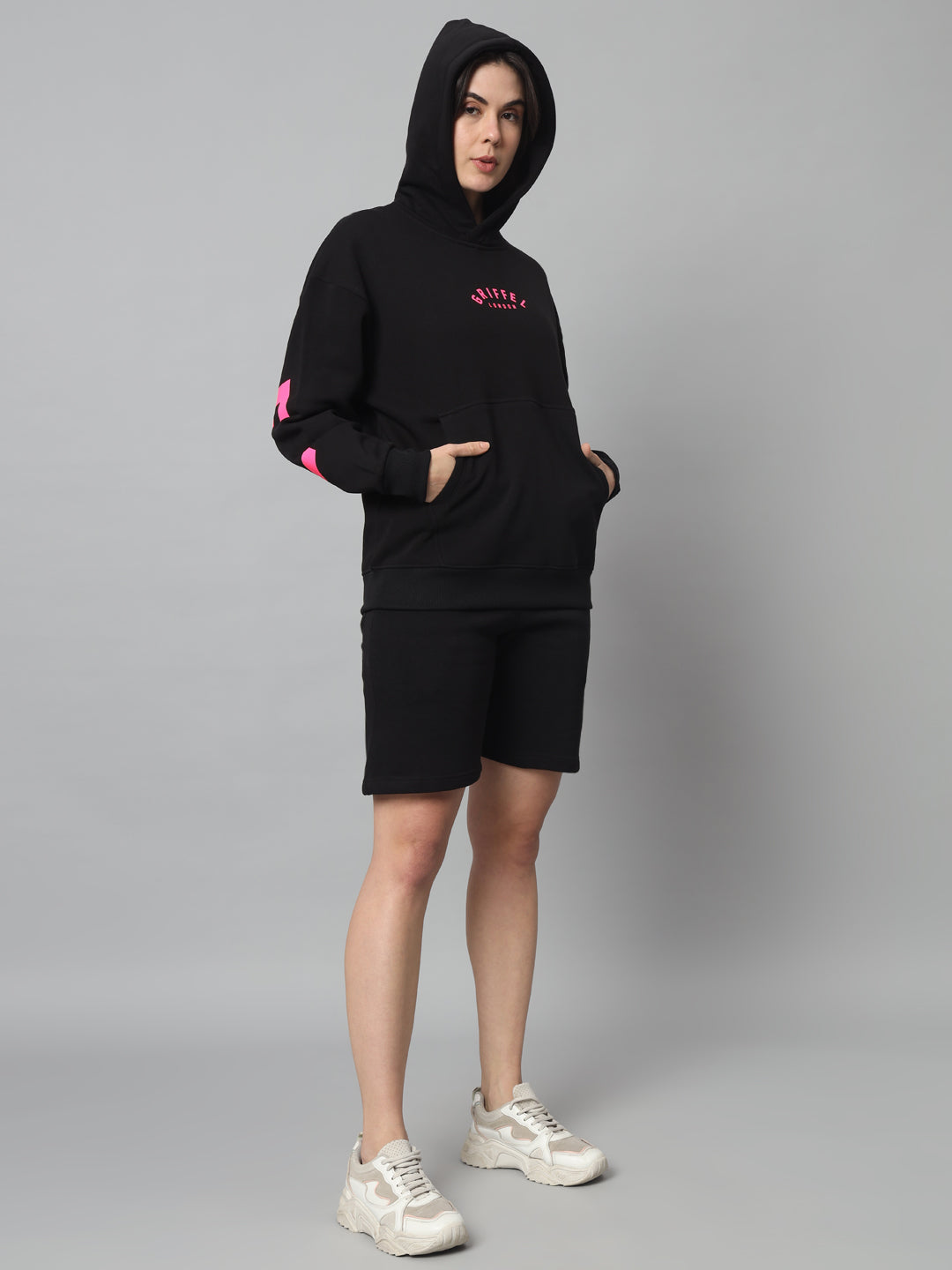 Griffel Women Oversized Fit Black GRIFFEL Back Print Cotton Fleece Front Logo Fleece Hoodie Sweatshirt with Full Sleeve - griffel