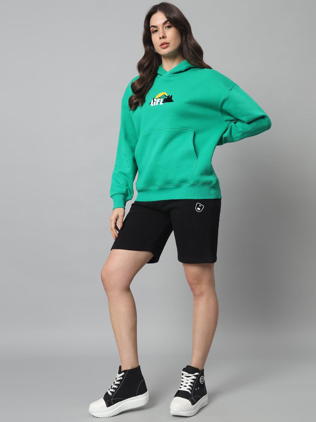 Griffel Women Oversized Fit Bottel Green Cotton Front Logo Fleece Hoodie Sweatshirt with Full Sleeve - griffel